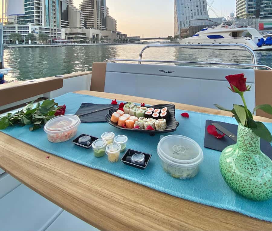 2-Hrs Private Romantic Sunset Cruise with Sushi and Drinks - The first hour: Marina Canal and JBR