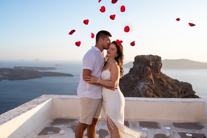 Magical Proposal Photoshoot In Santorini - Skaros Rock and the sunset setting